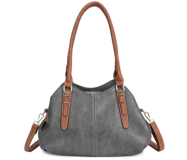 Grey triple compartment shoulder/crossbody bag.