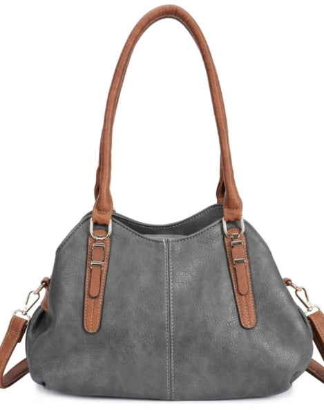 Grey triple compartment shoulder/crossbody bag.