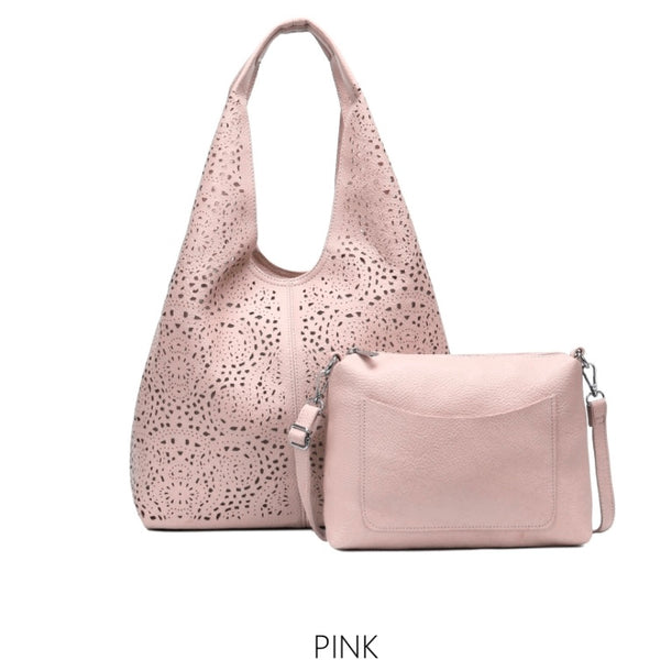Laser cut shoulder hobo 2 bag set-Pink