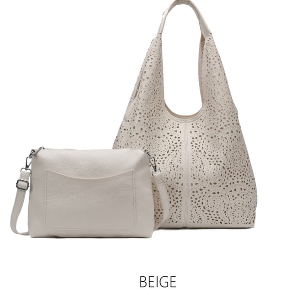 Laser cut shoulder hobo 2 bag set-Beige