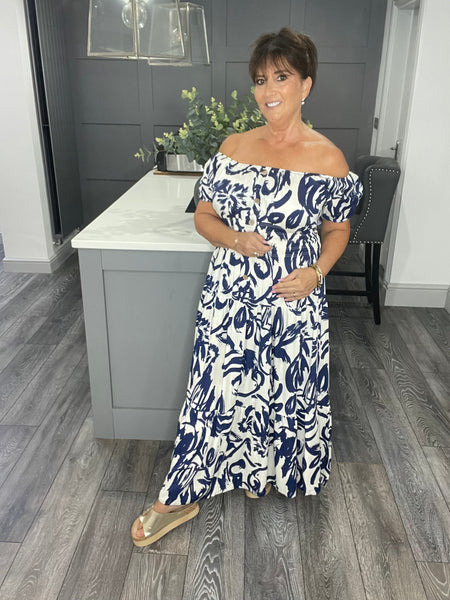 Navy abstract print magic Bardot Maxi