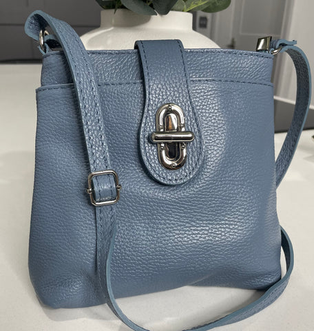 Denim blue soft Italian leather crossbody , twist lock bag