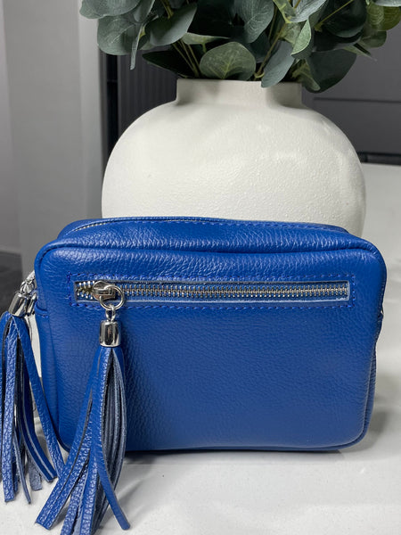 Cobalt Blue double tassel genuine Italian leather bag