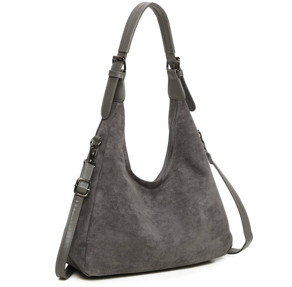 Soft faux suede slouchy shoulder bag-Grey
