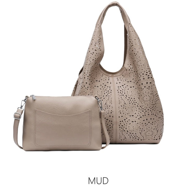 Laser cut shoulder hobo 2 bag set-Mud