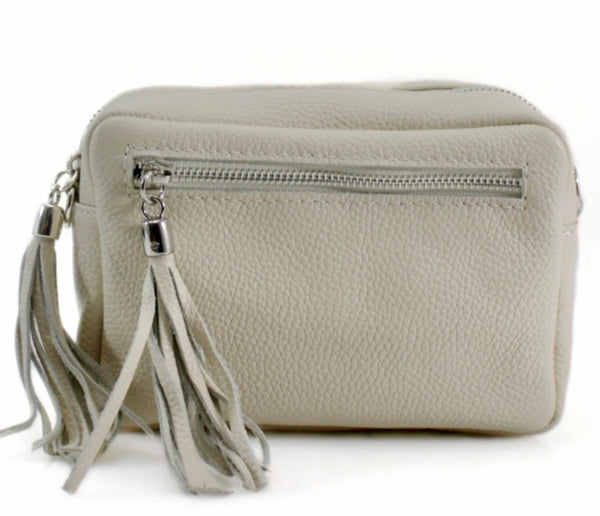 Beige double tassel genuine Italian leather camera bag