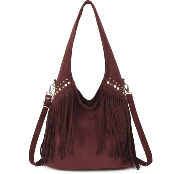 Faux suede tassel Hobo bag-Wine