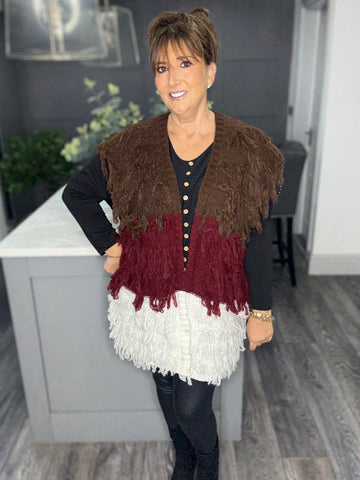 Long line shaggy waistcoat -Chocolate