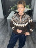 Fair Isle zip neck soft knit jumper-Chocolate