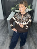 Fair Isle zip neck soft knit jumper-Chocolate
