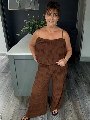 Sienna textured wide leg jumpsuit-Chocolate