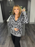 Super soft animal print hooded cardigan-Grey/Black