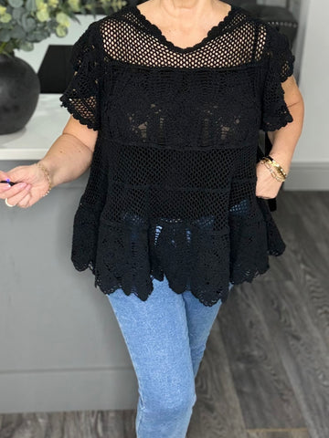 Sadie crochet top with vest-Black