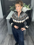 Fair Isle zip neck soft knit jumper-Black