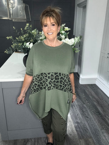Khaki leopard scuba zip sweat top