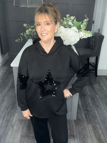 Black sequin star scuba hoody