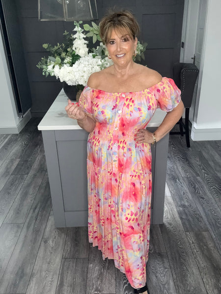 Coral/fuchsia abstract animal print tiered Maxi dress