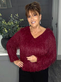 V neck sparkle fringe sweater-Merlot