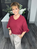 Soft knit frill sleeve sweater-Wine