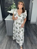 Fern print cross over V  neck maxi-Khaki