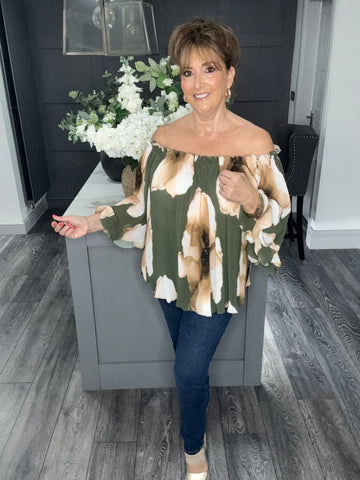Pleated frill Bardot top -Khaki/beige