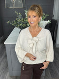 Fluffy bow front jumper -Beige