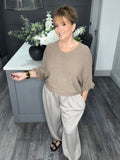 Soft knit frill sleeve sweater-Taupe