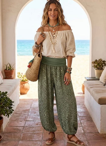 Khaki leopard print harem pants