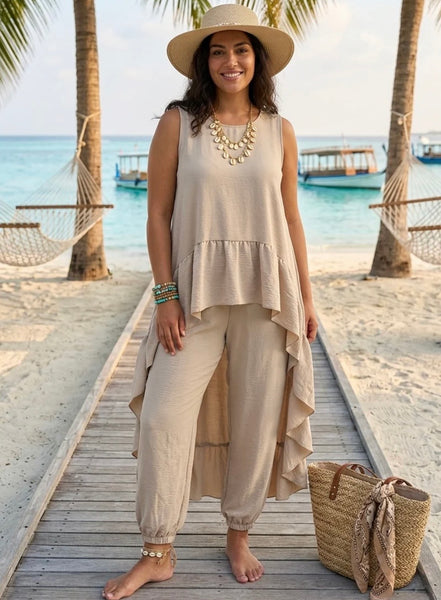 Hi-low frill Two piece set-Beige