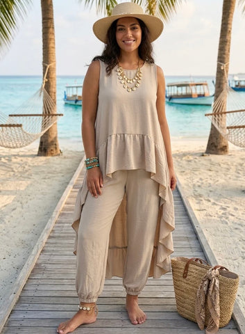 Hi-low frill Two piece set-Beige