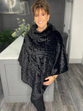 Luxe faux fur chevron poncho-Black