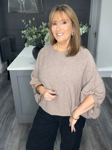Balloon sleeve slouch knitted top-Mocha