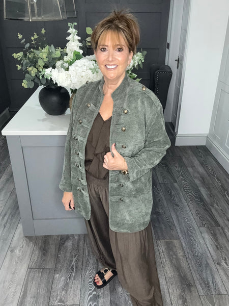 Soft velvet chenille military jacket-Khaki