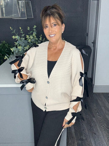 Bella bow ribbed cardigan-Beige