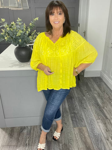 Fern broderie anglaise balloon sleeve top-Yellow