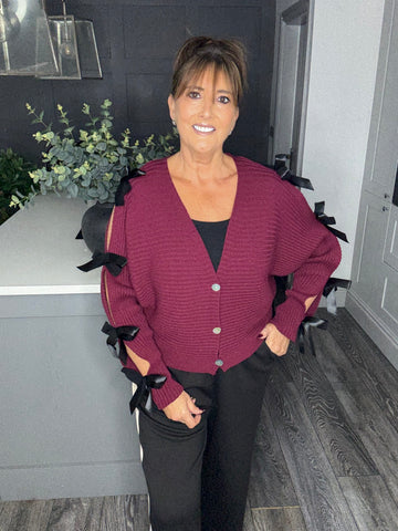 Bella bow ribbed cardigan-Merlot
