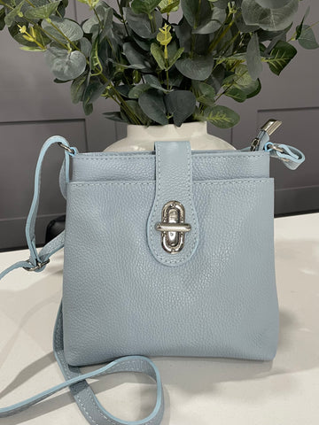 Pale blue Italian soft leather crossbody bag with twist lock