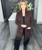 Italian fringed long line cardigan-Chocolate
