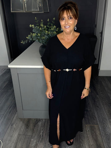 Beaded tie belt Maxi dress-Black