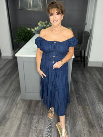 Chambray denim midi dress-Dark denim