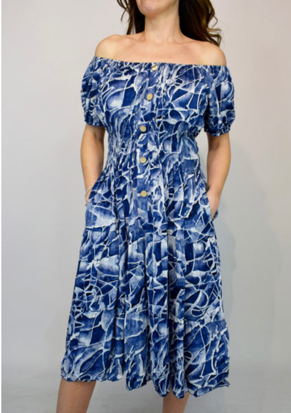 Blue leaf print midi pocket dress