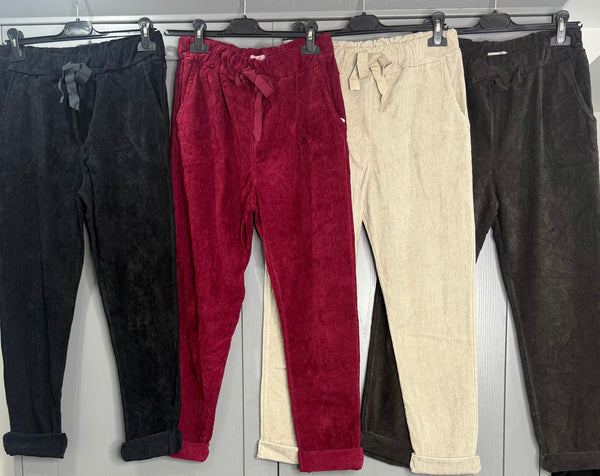 Soft velvet cord magic pants-Burgundy