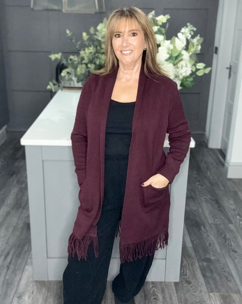 Italian fringed long line cardigan-Mulberry