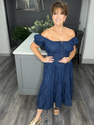 Chambray denim midi dress-indigo