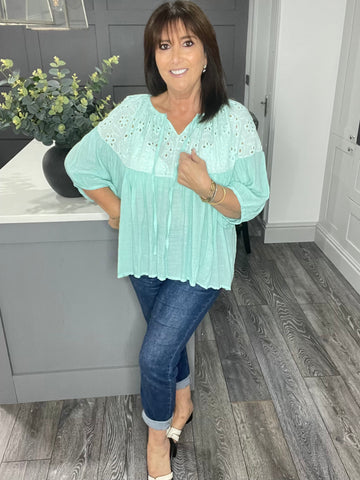 Fern broderie anglaise balloon sleeve top-Mint