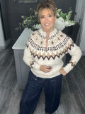 Fair Isle zip neck soft knit jumper-Cream