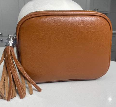 Genuine Italian leather crossbody tassel bag-Tan