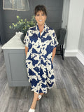 Abstract print pocket shirt dress-Navy
