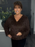 V neck sparkle fringe sweater-Chocolate