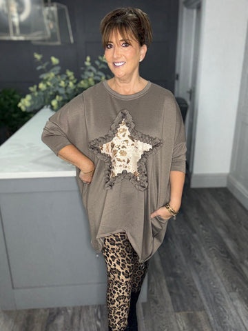 Raya ruffle star double zip top-Mocha